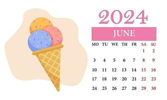 Juni monatlich Kalender 2024 mit ein Eis Sahne vektor