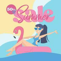 Sommer- Verkauf Rabatt Poster mit Mädchen auf ein Flamingo Lebensretter Vektor