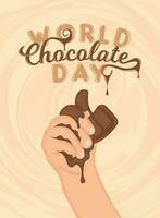 isoliert Hand halten ein Schokolade glücklich Welt Schokolade Tag Poster Vektor