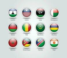 3d flagga ikoner glansig cirkel av afrika länder vektor