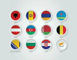 3d flagga ikoner utföra i relief cirkel av Europa länder vektor