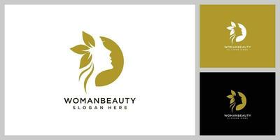 skönhet logotyp med kvinna i eleganta cirkel och företag kort design mall, blomma, logotyp, kvinna, premie vektor