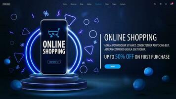 online Einkaufen, Blau Netz Banner mit Smartphone auf Blau Podium mit Blau Neon- Ringe vektor