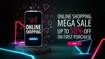 online Einkaufen, Mega Verkauf, schwarz Rabatt Banner mit Angebot, Smartphone und Neon- Blau und Rosa Dreiecke Lampen um vektor