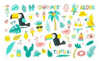 uppsättning av sommar element handflatan löv, tropisk blommor, flamingo, tukan, tropisk samling av klistermärken för sommar design, scrapbooking och vykort. vektor illustrationer