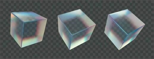 3d glas kub prisma form. abstrakt dispersion, holografiska och reflexion effekt på glansig matta och grov plexiglas. genomskinlig primitiver flygande element med trendig spektrum isolerat samling. vektor