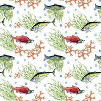 verschiedene wild Meer Fisch nahtlos Muster Aquarell Illustration isoliert auf Weiß. Algen, Thunfisch, Lachs, coho, Meer Pflanzen Hand gezeichnet. Design Element zum Textil, Verpackung, Papier, Verpackung, Banner vektor