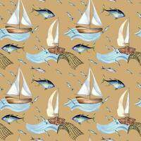 nahtlos Muster von Meer Fisch und segeln Boot Aquarell Illustration isoliert auf Beige. Angeln Boot, Meer Welle und Thunfisch, Hand gezeichnet. Design Element zum Textil, Verpackung, Verpackung, Hintergrund, Markt vektor