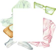 Rahmen von Kleider Weiß Kleid, Tasche, Sonnenbrille, Turnschuhe Aquarell Illustration isoliert auf Weiß. Sommer- Frau Outfit Hand gezeichnet. Design zum Geschäft, Verkauf, Zeitschrift, Paket, Vitrine, Etikette vektor