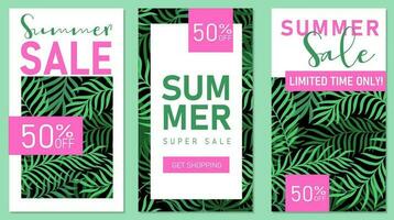 modern Vertikale Sommer- Verkauf Banner, Plakate oder Karten mit tropisch Palme Blätter im minimalistisch Stil. Jahreszeit Förderung. Sozial Medien Post Vorlagen vektor