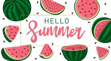 Hallo Sommer- Inschrift auf das Hintergrund von Wassermelone. Grün gestreift Beere mit rot Fruchtfleisch und braun Saat vektor