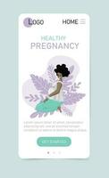 friska graviditet vertikal webb app mall. kvinna karaktär förväntar sig bebis lysande med förväntan och lycksalig spänning vektor