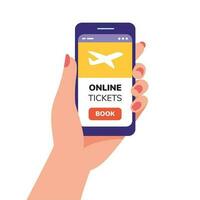 online Tickets booking.male Hand hält Smartphone mit online Tickets App. online Buchung App zum Handy, Mobiltelefon Telefon Konzept. vektor