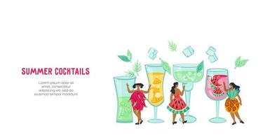 kvinnor i kreativ klänningar bland glasögon med frukt sommar cocktails. cocktail bar, strand fest och sommar uppfriskande drycker framställning hemsida mall platt vektor illustration.