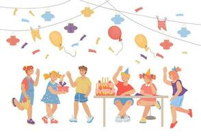 Kinder Geburtstag Party Feier Banner mit Gruppe von glücklich Karikatur Kinder, eben Vektor Illustration. Geburtstag Party zum Kinder Hintergrund mit festlich Dekoration und Kinder.