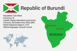 mycket detaljerad burundi karta med flagga, huvudstad och liten karta över världen vektor