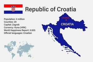 hochdetaillierte Kroatienkarte mit Flagge, Hauptstadt und kleiner Weltkarte vektor
