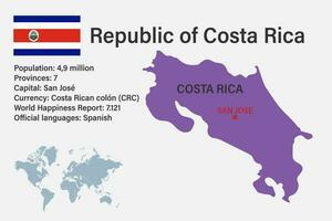 höchst detailliert Costa Rica Karte mit Flagge, Hauptstadt und klein Karte von das Welt vektor