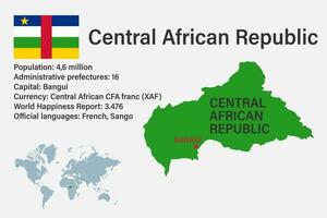 mycket detaljerad centralafrikansk republikskarta med flagga, huvudstad och liten karta över världen vektor