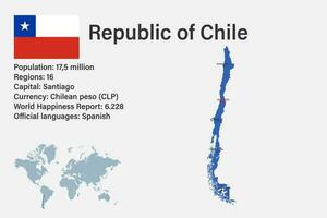 hochdetaillierte Chilekarte mit Flagge, Hauptstadt und kleiner Weltkarte vektor