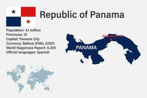 höchst detailliert Panama Karte mit Flagge, Hauptstadt und klein Karte von das Welt vektor