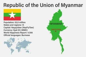 Myanmar karta med flagga, huvudstad och liten världskarta vektor