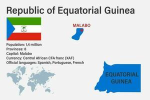 mycket detaljerad ekvatorialguinakarta med flagga, huvudstad och liten karta över världen vektor