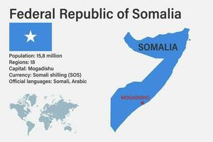 hochdetaillierte Somalia-Karte mit Flagge, Hauptstadt und kleiner Weltkarte vektor