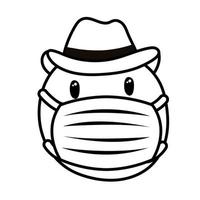 emoji som bär medicinsk mask med cowboyhattlinje stil vektor