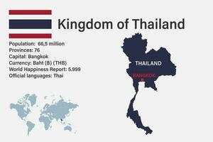 mycket detaljerad Thailand-karta med flagga, huvudstad och liten karta över världen vektor