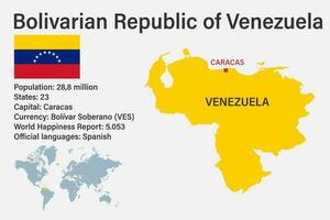 mycket detaljerad venezuela karta med flagga, huvudstad och liten karta över världen vektor