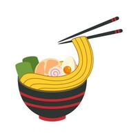 vektor illustration av utsökt japansk Ramen nudel på skål med platt stil. traditionell asiatisk nudel soppa. Ramen med ägg och räka. de spaghetti är hängande på pinnar. östra kök.