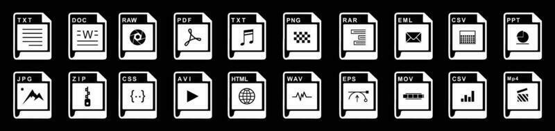 groß Sammlung von Vektor Symbole, Datei Erweiterungen vielfältig Symbole einstellen - - ein einstellen von Computer Dateien und Software Symbole Lager Vektor zum Design auf schwarz Hintergrund