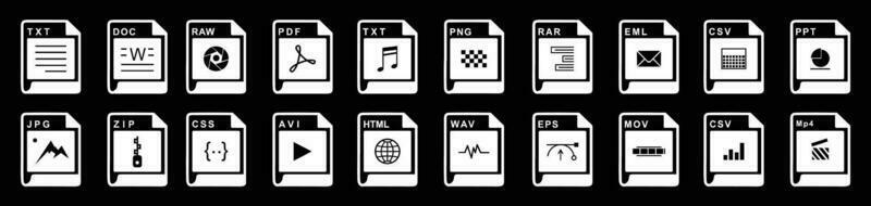 stor samling av vektor ikoner, fil tillägg olika ikoner uppsättning - en uppsättning av dator filer och programvara ikoner stock vektor för design på svart bakgrund