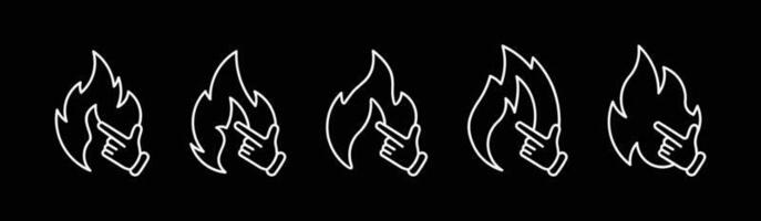 Flamme von verschiedene Formen Lagerfeuer Vektor Illustration Hintergrund weißes Feuer eben Linie Symbole einstellen Konzept auf schwarz Hintergrund