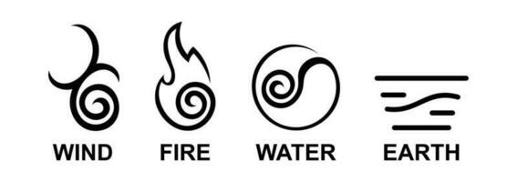 vier Elemente Symbol Logo mit Linie Stil Symbole schwarz und Weiß Symbol. Feuer, Wasser, Wind, Erde Symbol. Vektor Illustration Logo Vorlage