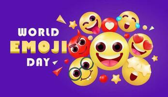 värld emoji dag, söt emoji ansikte och annorlunda ansiktsbehandling uttryck med stjärnor och kärlek element. perfekt för evenemang och design element vektor