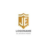 Monogramm je Logo mit Schild geometrisch Form, elegant Luxus Initiale Logo Design vektor