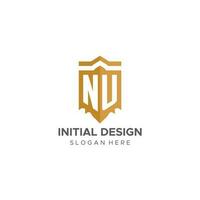 Monogramm nu Logo mit Schild geometrisch Form, elegant Luxus Initiale Logo Design vektor