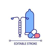 Empfängnisverhütung Methoden rgb Farbe Symbol. Schwangerschaft Verhütung. Geburt Kontrolle. Familie Planung. gesund Frau. Profi Auswahl. isoliert Vektor Illustration. einfach gefüllt Linie Zeichnung. editierbar Schlaganfall