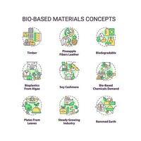 bio basierend Materialien Konzept Symbole Satz. nachhaltig Lösungen. biologisch abbaubar Produkte Idee dünn Linie Farbe Illustrationen. isoliert Symbole. editierbar Schlaganfall vektor