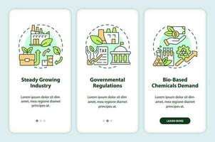 bio basierend Materialien Zukunft Onboarding Handy, Mobiltelefon App Bildschirm. Bioökonomie Komplettlösung 3 Schritte editierbar Grafik Anleitung mit linear Konzepte. ui, ux, gui Vorlage vektor