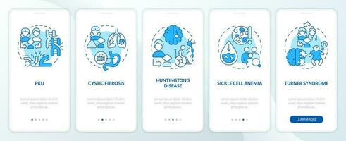 erblich Krankheiten Blau Onboarding Handy, Mobiltelefon App Bildschirm. Komplettlösung 5 Schritte editierbar Grafik Anleitung mit linear Konzepte. ui, ux, gui Vorlage vektor