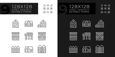 Eigentum Kauf Pixel perfekt linear Symbole einstellen zum dunkel, Licht Modus. echt Nachlass Agentur. Wohnungen. Luxus Eigentum. dünn Linie Symbole zum Nacht, Tag Thema. isoliert Illustrationen. editierbar Schlaganfall vektor