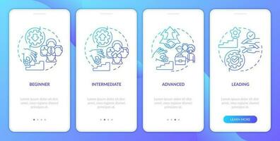 dei Programm Reife Stufen Blau Gradient Onboarding Handy, Mobiltelefon App Bildschirm. Komplettlösung 4 Schritte Grafik Anleitung mit linear Konzepte. ui, ux, gui Vorlage vektor