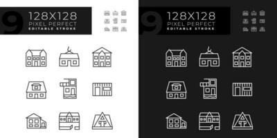 Vorort- echt Nachlass Pixel perfekt linear Symbole einstellen zum dunkel, Licht Modus. Urlaub Eigentum mieten. Bungalow. Landschaft. dünn Linie Symbole zum Nacht, Tag Thema. isoliert Illustrationen. editierbar Schlaganfall vektor