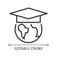 International Bildung Pixel perfekt linear Symbol. Austausch Schüler weltweit. studieren im Ausland. dünn Linie Illustration. Kontur Symbol. Vektor Gliederung Zeichnung. editierbar Schlaganfall