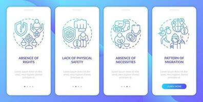 Main Ursachen von zeitgenössisch Sklaverei Blau Gradient Onboarding Handy, Mobiltelefon App Bildschirm. Komplettlösung 4 Schritte Grafik Anleitung mit linear Konzepte. ui, ux, gui Vorlage vektor