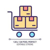 Lieferung Wagen Pixel perfekt rgb Farbe Symbol. Warenhaus Ausrüstung. Pakete und Waren Transport. Lagerung. isoliert Vektor Illustration. einfach gefüllt Linie Zeichnung. editierbar Schlaganfall