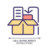 Produkt Verpackung Pixel perfekt rgb Farbe Symbol. Pack bestellen zum Kunde. bereiten Waren zum Transport. isoliert Vektor Illustration. einfach gefüllt Linie Zeichnung. editierbar Schlaganfall